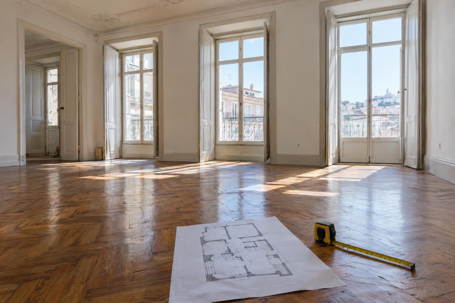 Sunlit, empty apartment living room with a printed floor plan and a tape measure on the parquet floor